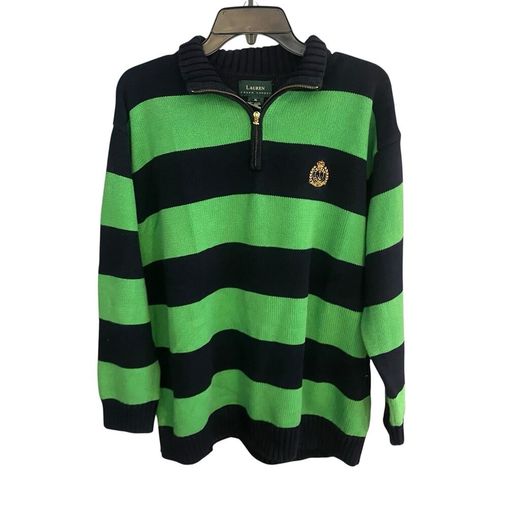 Lauren Ralph Lauren Women's XL Knit Mock Neck 1/4 zip Sweater Striped Blue Green